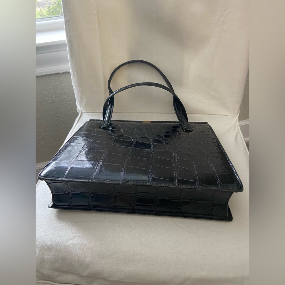 Vintage Deauville Black Crocodile Skin Leather Handbag With Two Handles - Picture 12 of 16